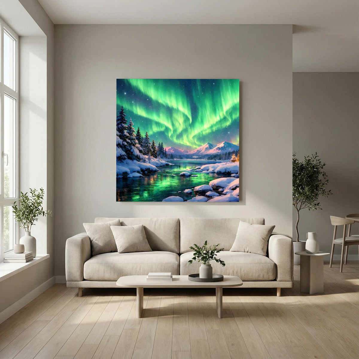 Leinwandbild: grüne Polarlichter über verschneitem Fluss, Tannen und Bergkulisse auf Holzkeilrahmen