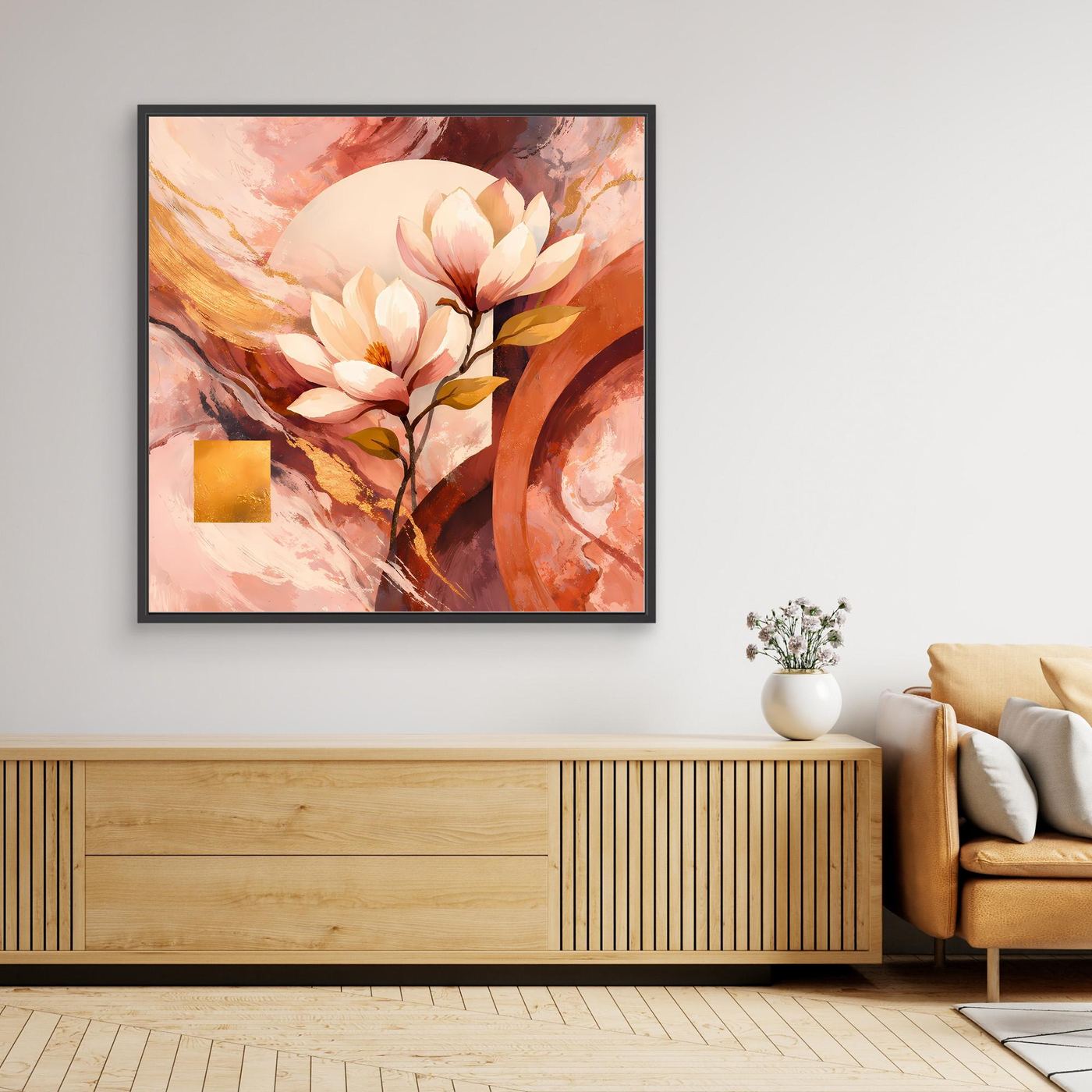 Gerahmtes Leinwandbild mit Magnolienblüten in Rosé- und Goldtönen, schwarzer Rahmen