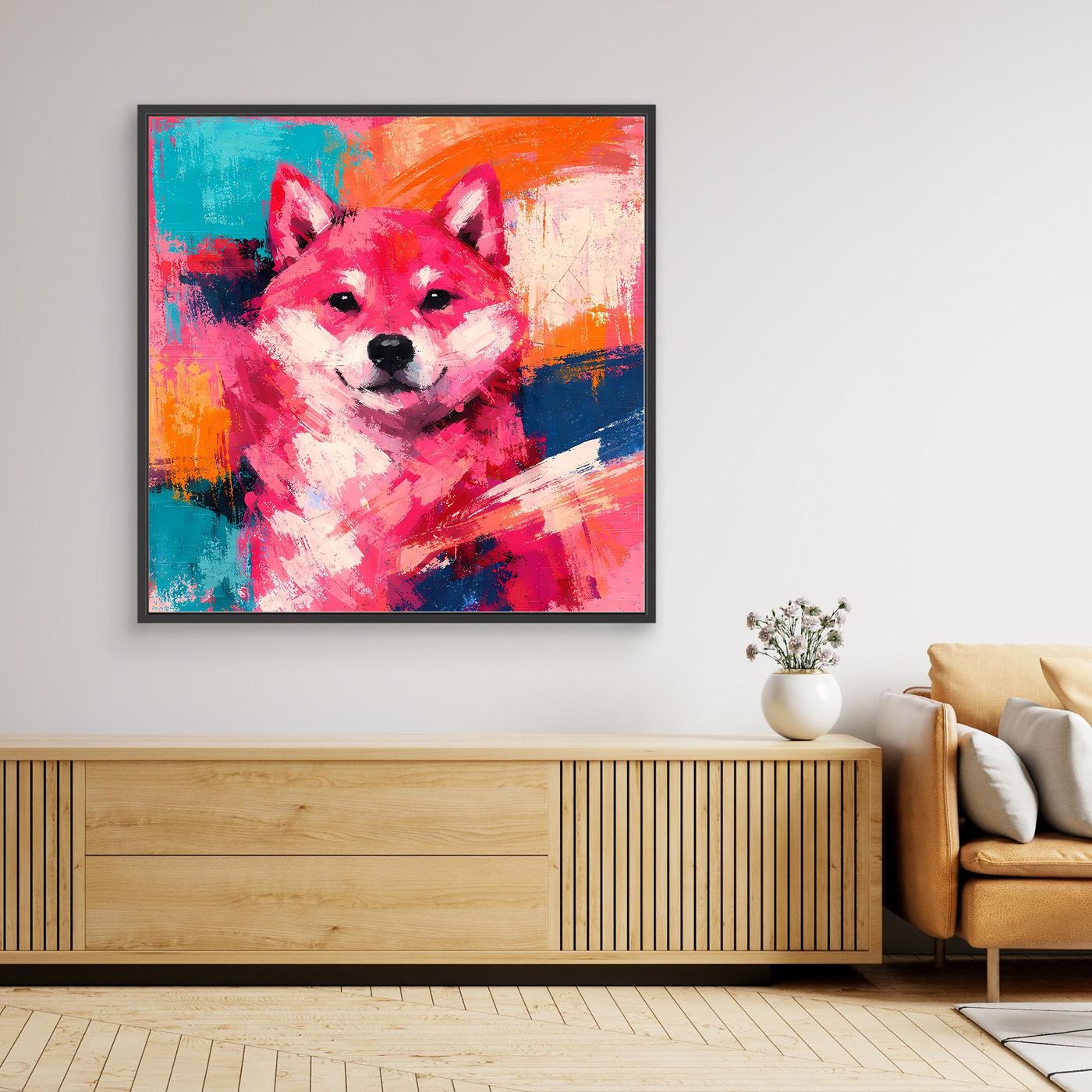 Wandbild mit Pop-Art Shiba Inu, farbenfroher Malerei im schwarzem Rahmen