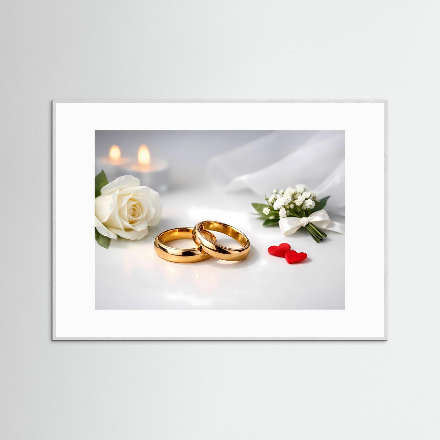 Gerahmtes Hochzeitsmotiv: goldene Eheringe, weiße Rose, brennende Kerze, Brautstrauß und rote Herzen