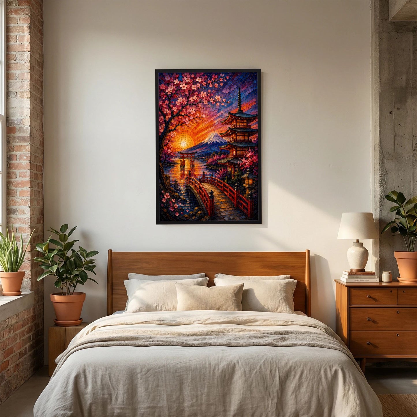 Poster im Mosaikstil mit Kirschblüten, Pagode und Fuji bei Sonnenuntergang, schwarzer Rahmen