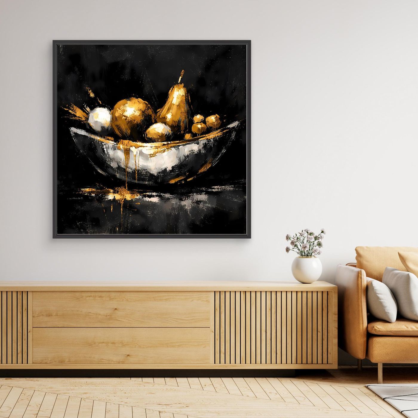 Leinwand Elegante Obstschale in Gold und Silber | Modernes Luxus Stillleben Wandbild