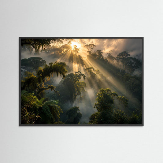 Wandposter mit tropischem Regenwald, Sonnenstrahlen und Nebel, schwarzer Rahmen