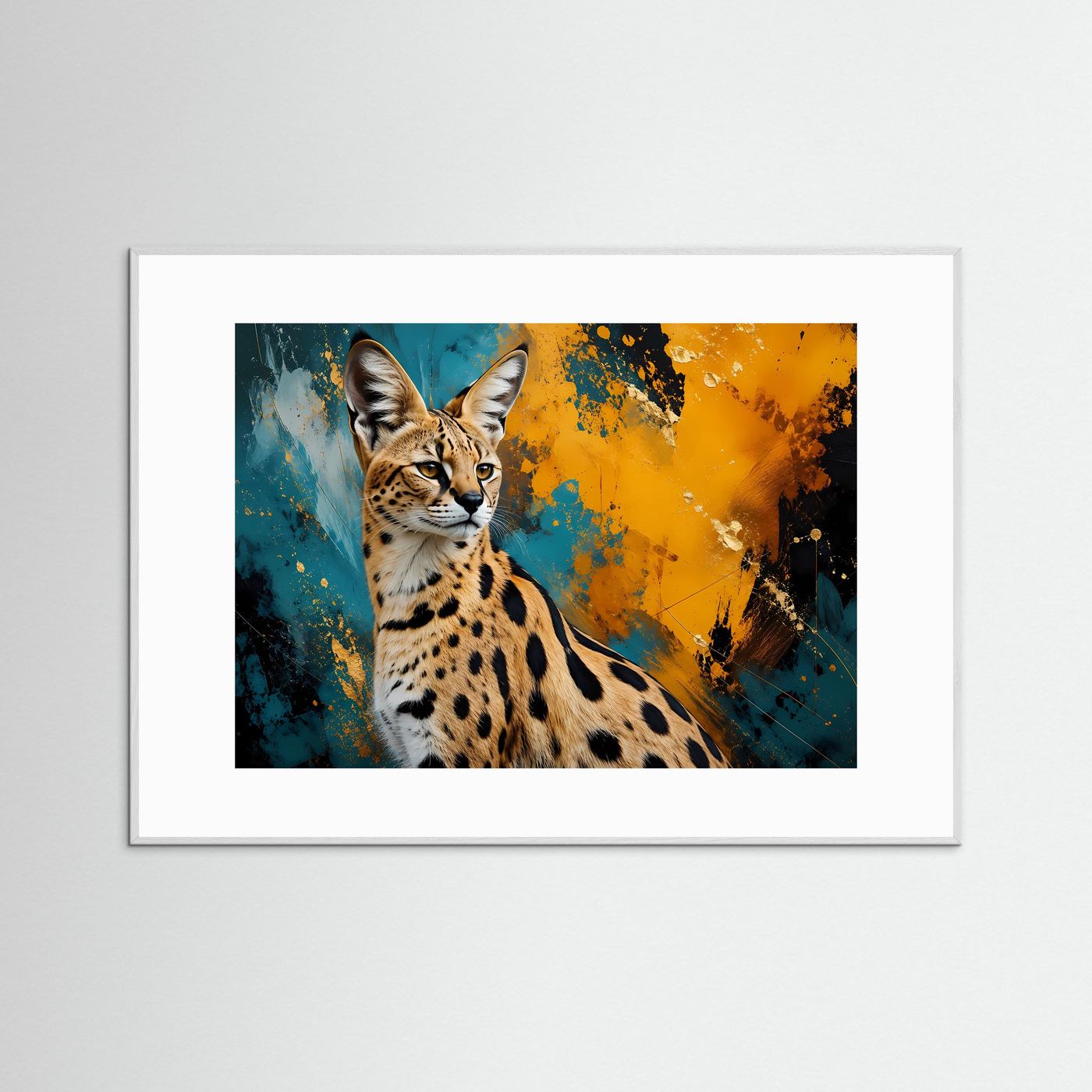 Elegante Wildkatze im abstrakten Farbspiel | Modernes Raubkatzen- & Kunst-Poster Querformat