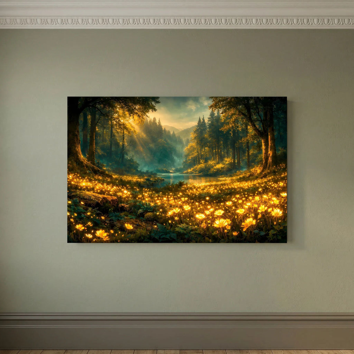 Querformat-Wandposter mit Lichtstreifen im Waldtal und glitzerndem Blütenfeld