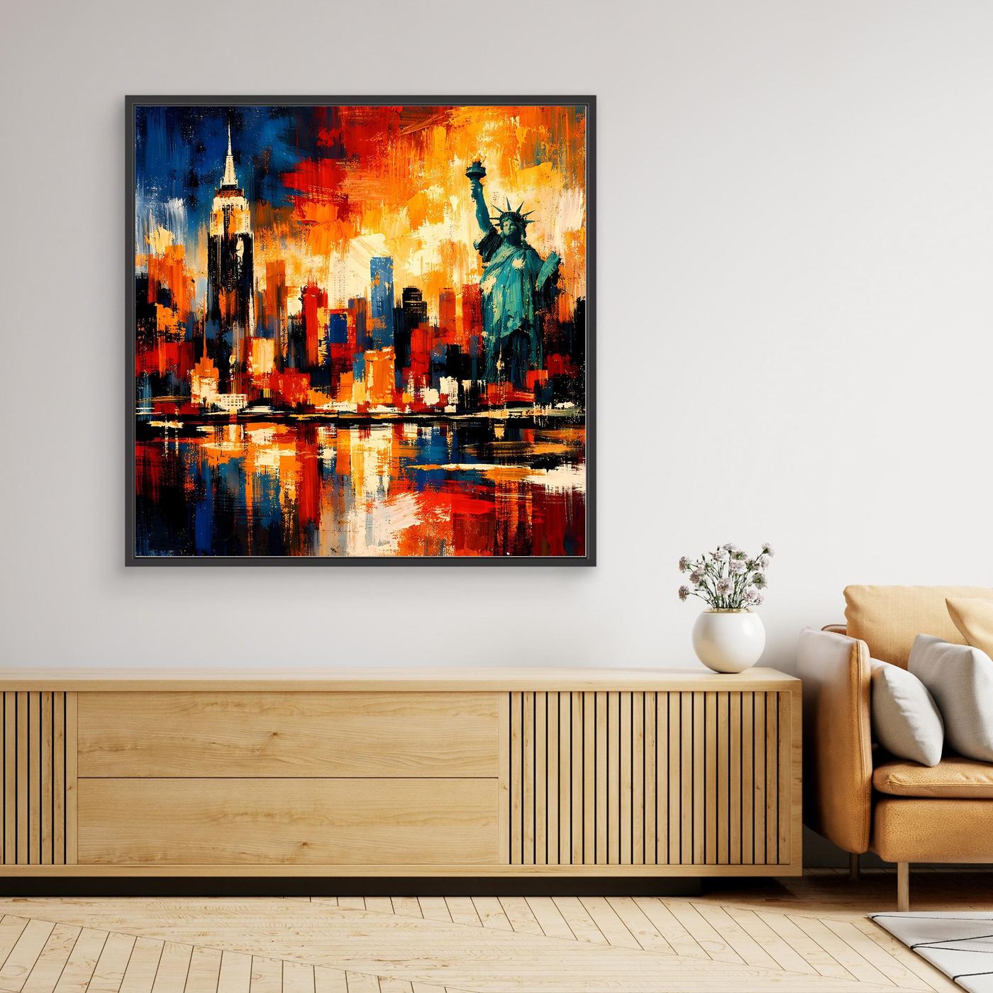 Gerahmtes Leinwandbild: abstrakte New-York-Skyline mit Freiheitsstatue, dunkler Rahmen