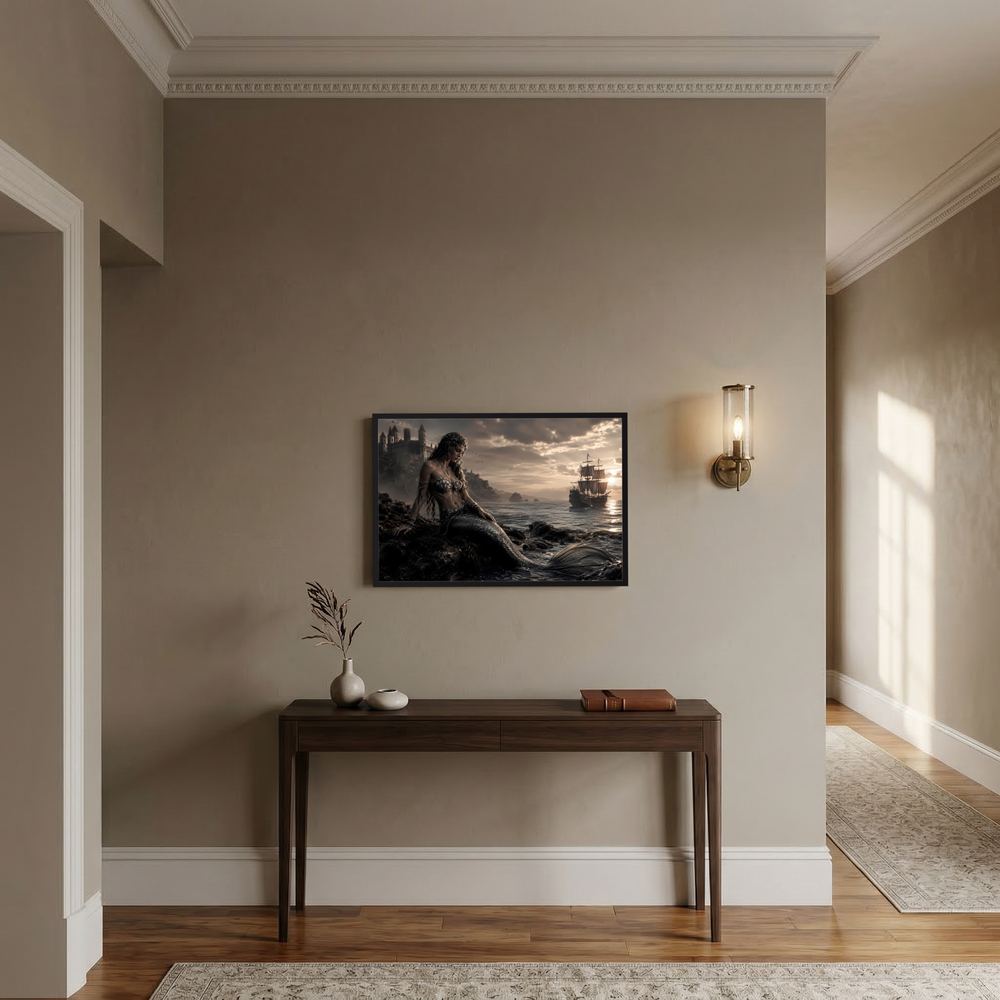 Rahmen-Wandkunst mit Meerjungfrau, Schloss und Segelschiff im dunklen Fantasy-Stil