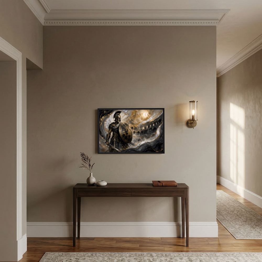 Gerahmtes Poster mit römischem Gladiator im Kolosseum in Schwarz und Gold