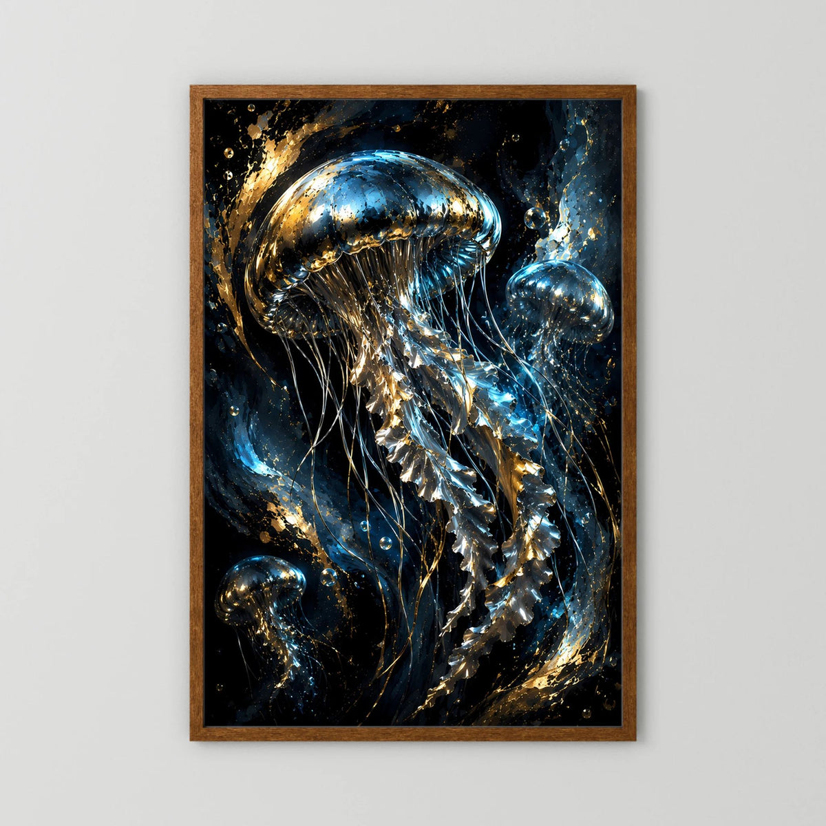 Hochformat-Poster mit goldenen Quallen in Blau und Schwarz, im braunen Holzrahmen