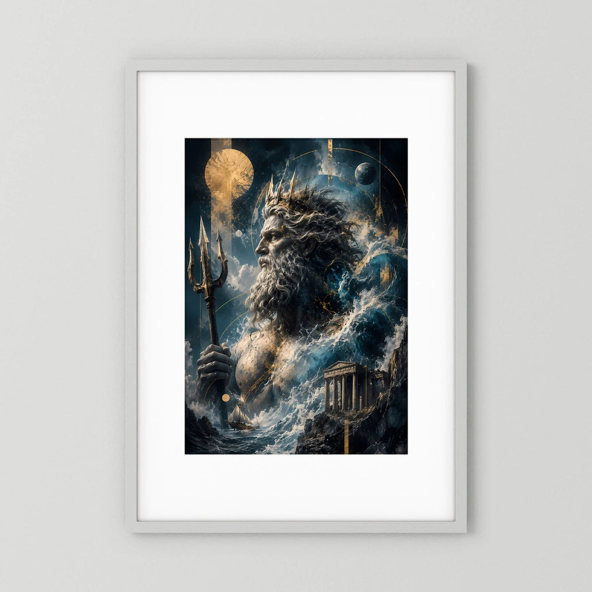 Hochformatiges Poster mit Poseidon, Dreizack in der Hand, umgeben von tosenden Wellen