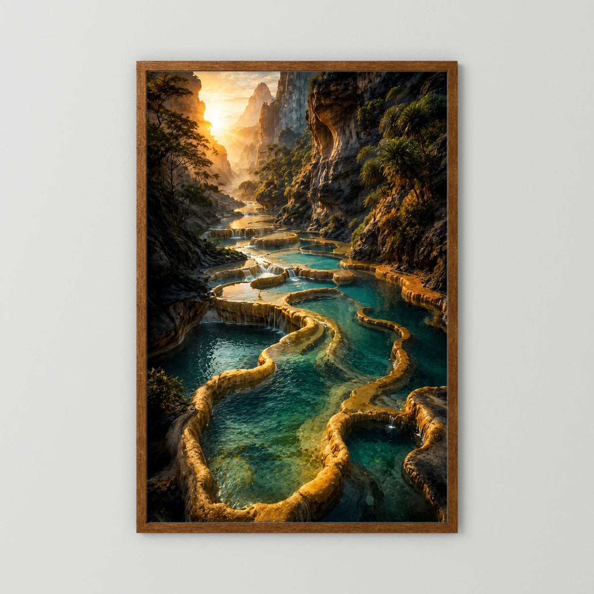 Vertikales Poster im braunen Holzrahmen: türkisfarbene Wasserbecken und Kurven in der Schlucht