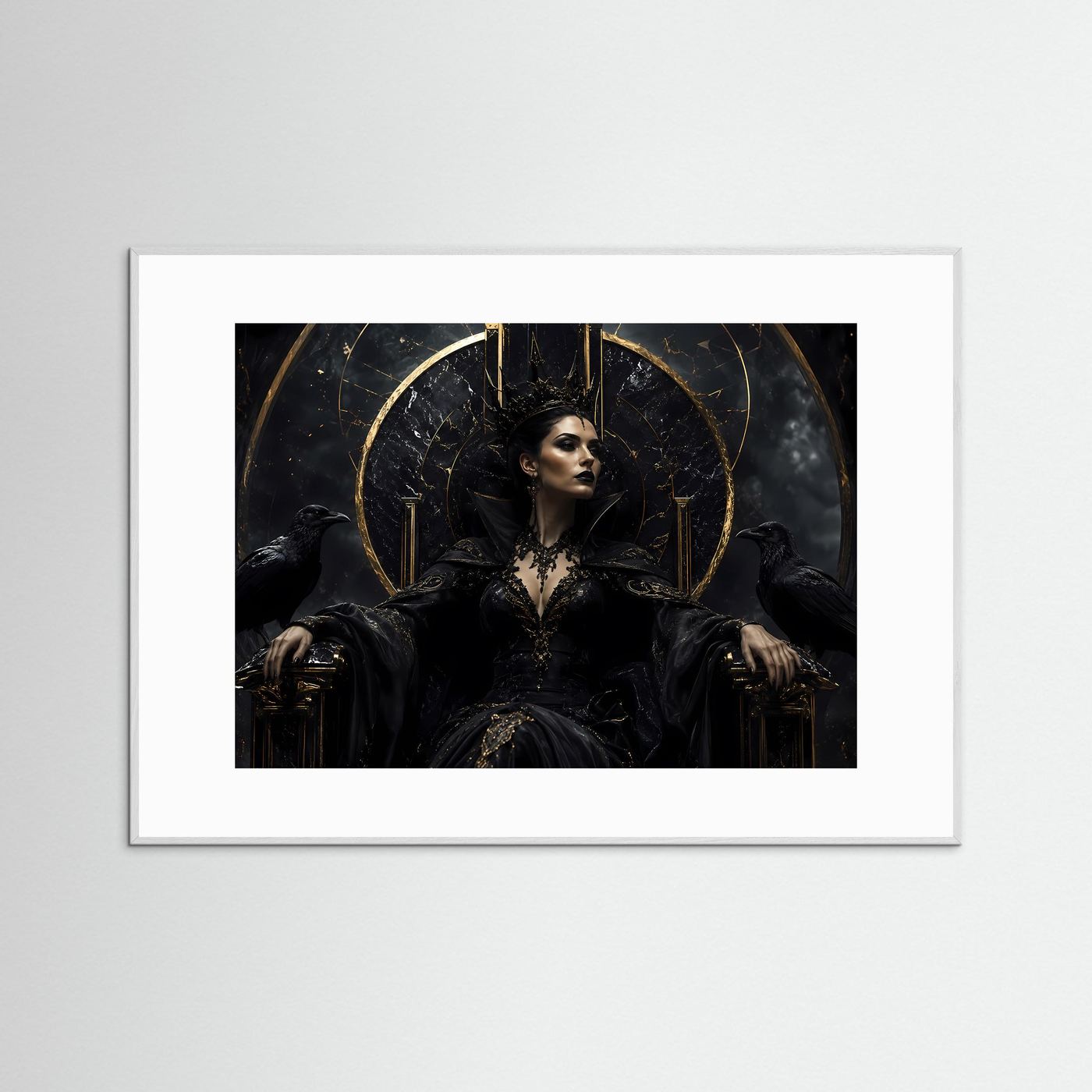 Dunkle Königin auf Marmorthron – Gothic Fantasy Motiv mit Krone & Raben