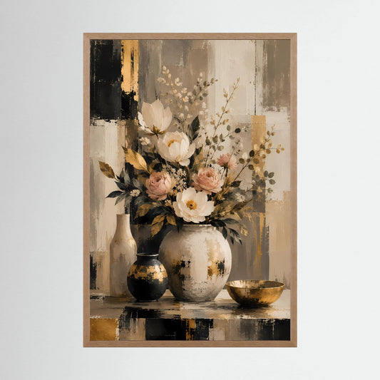Blumenstrauß-Poster mit creme-rosa Blumen und grünen Blättern in Vasen, mit Holzrahmen.