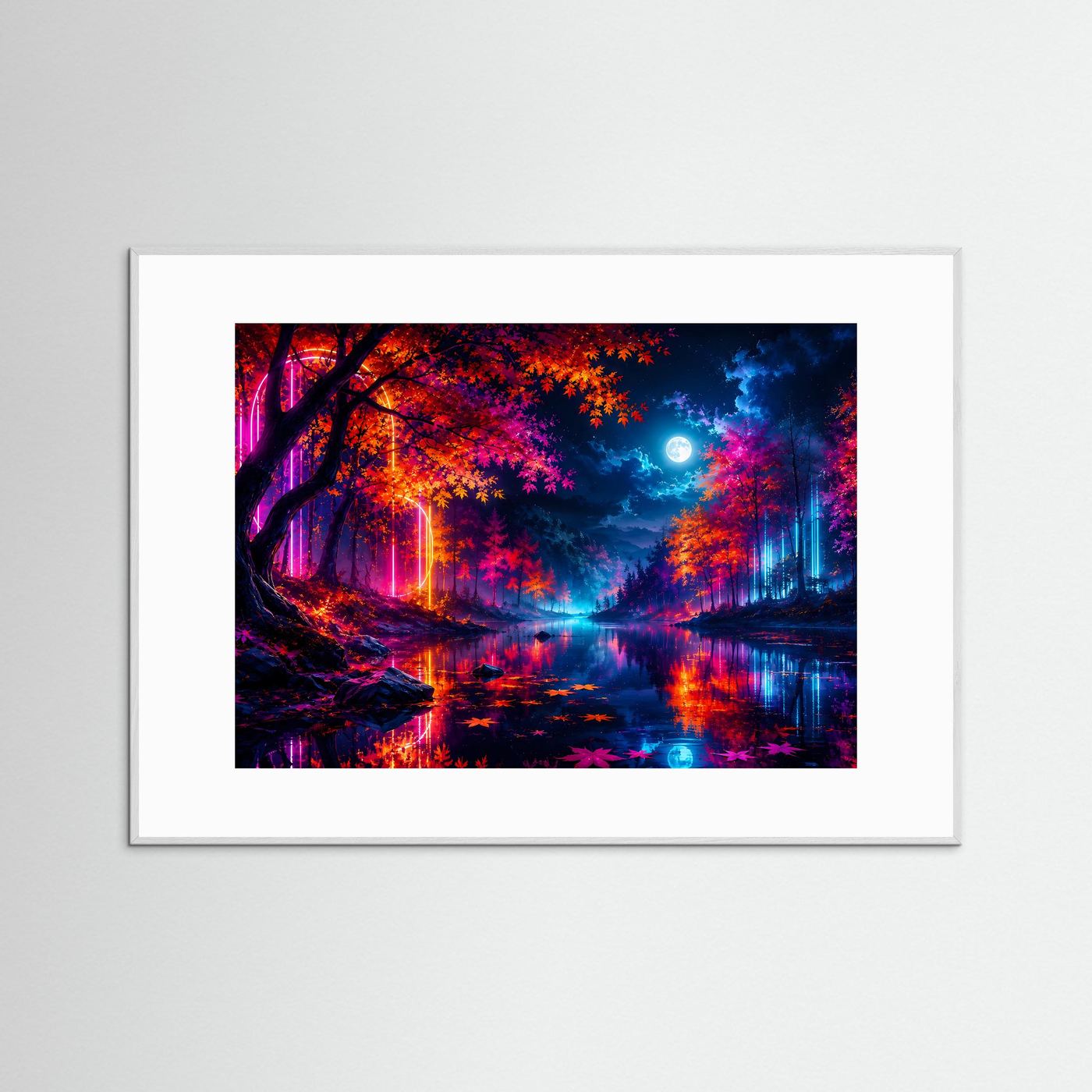 Neon Wald Poster | Futuristische Herbst Landschaft | Cyberpunk Natur Wandbild | Leuchtender Mond | Moderne Fantasy Kunst