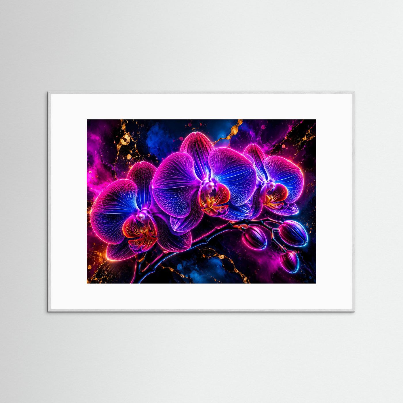 Leuchtende Neon-Orchideen in Pink & Blau | Modernes Abstraktes Blumen Poster Querformat