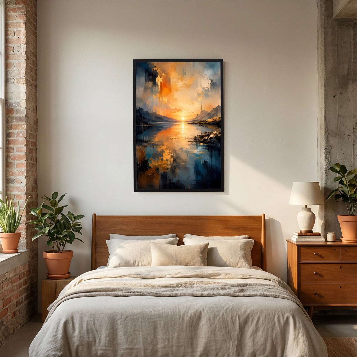 Gerahmtes Poster im Hochformat mit abstrakten Bergen, See und orange-blauem Sonnenuntergang