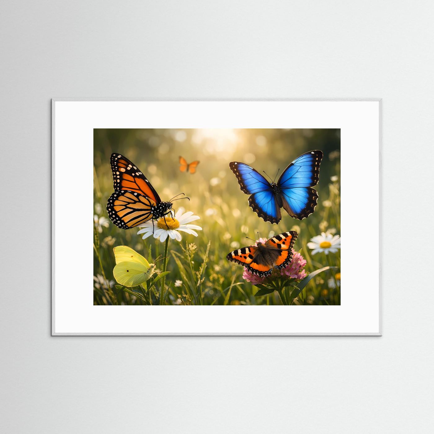 Gerahmter Schmetterlings-Print im Querformat mit weißem Rahmen und vier farbigen Schmetterlingen.