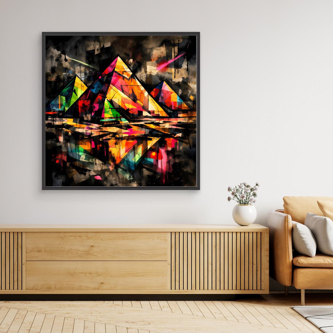 Leinwandbild mit bunten Pyramiden im Street-Art-Stil, schwarzer Rahmen