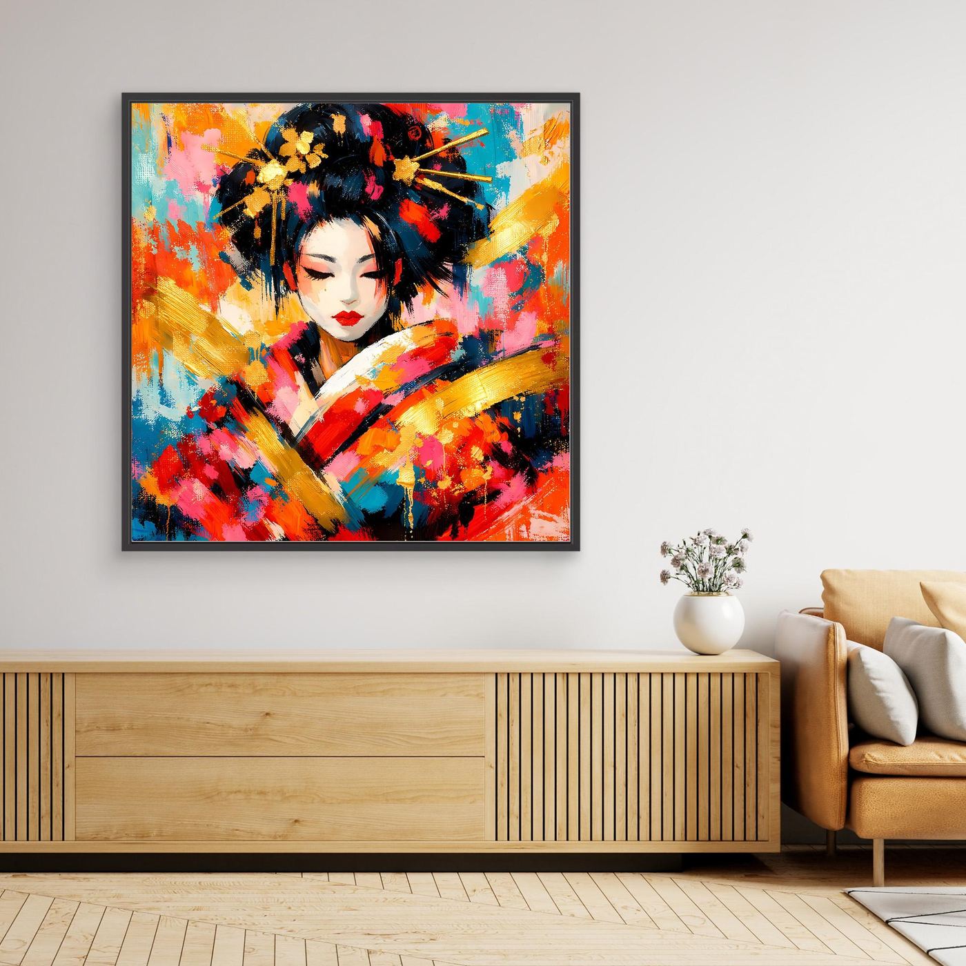 Geisha-Leinwandbild, abstraktes Porträt in bunten Farben mit goldenen Akzenten, schwarz gerahmt
