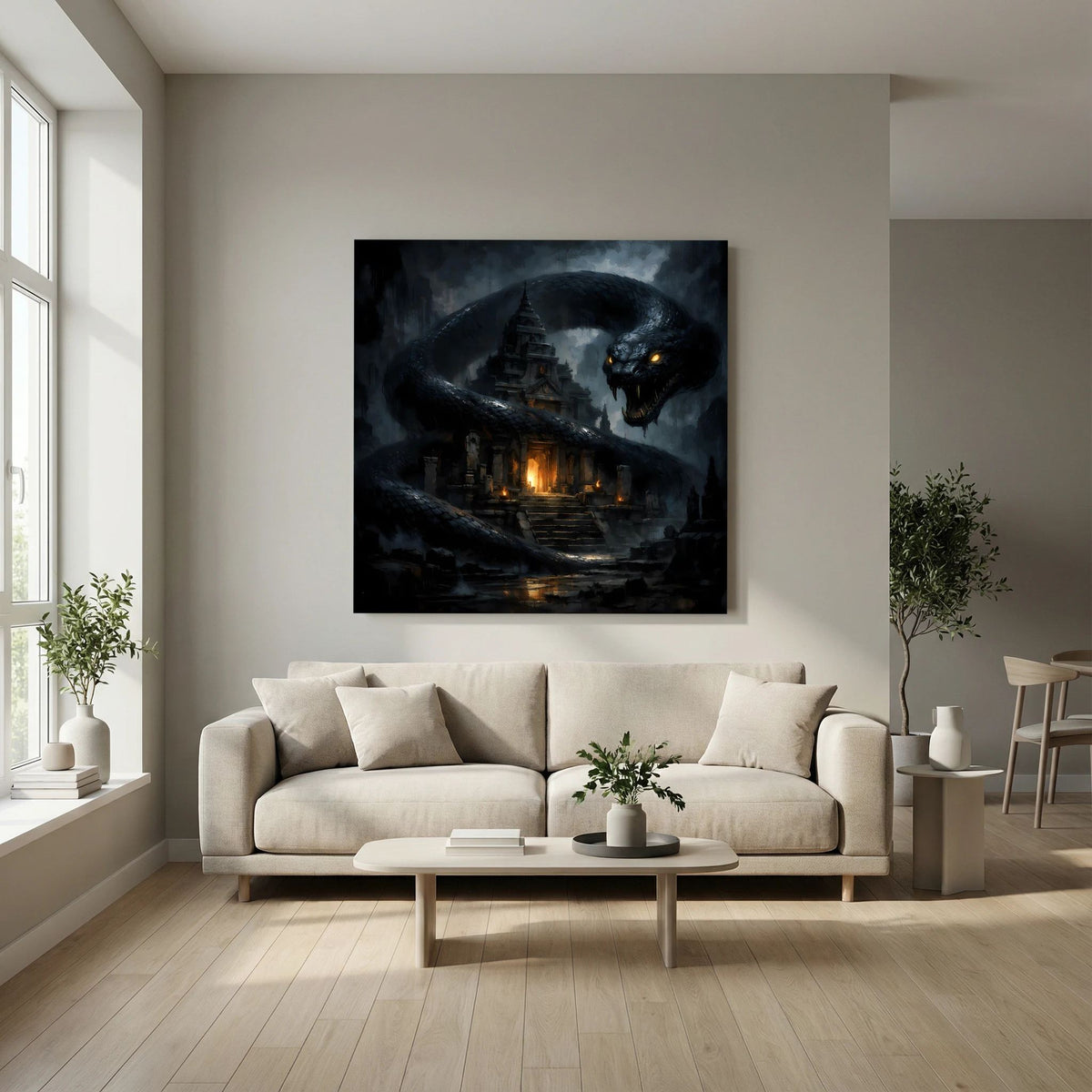 Leinwand-Wandbild mit riesiger Schlange, dunklem Tempel und warmen Lichtakzenten