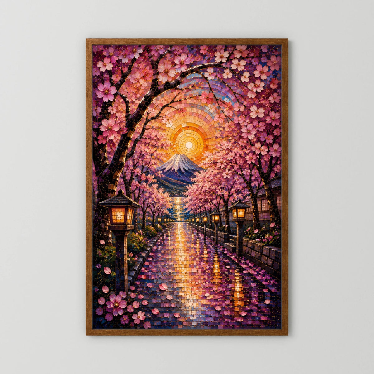 Kirschblütenweg zum Fuji | Japanisches Mosaik mit Sakura & Laternen | Poster Hochformat
