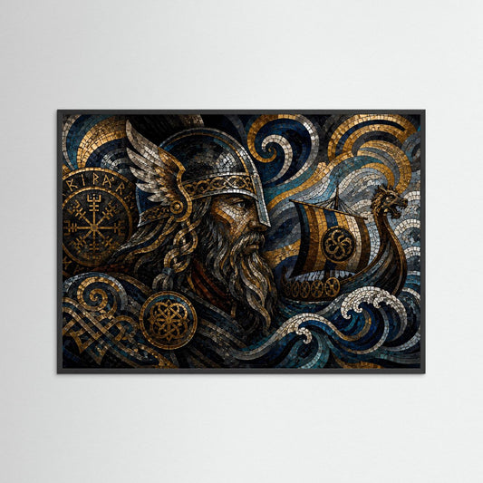 Wikinger-Poster im Querformat mit behelmtem Krieger, Runen und Langboot, schwarzer Holzrahmen