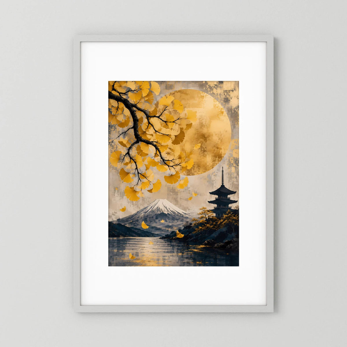 Hochformat-Poster: japanische Landschaft mit Fuji, Pagode und goldenen Ginkgoblättern.