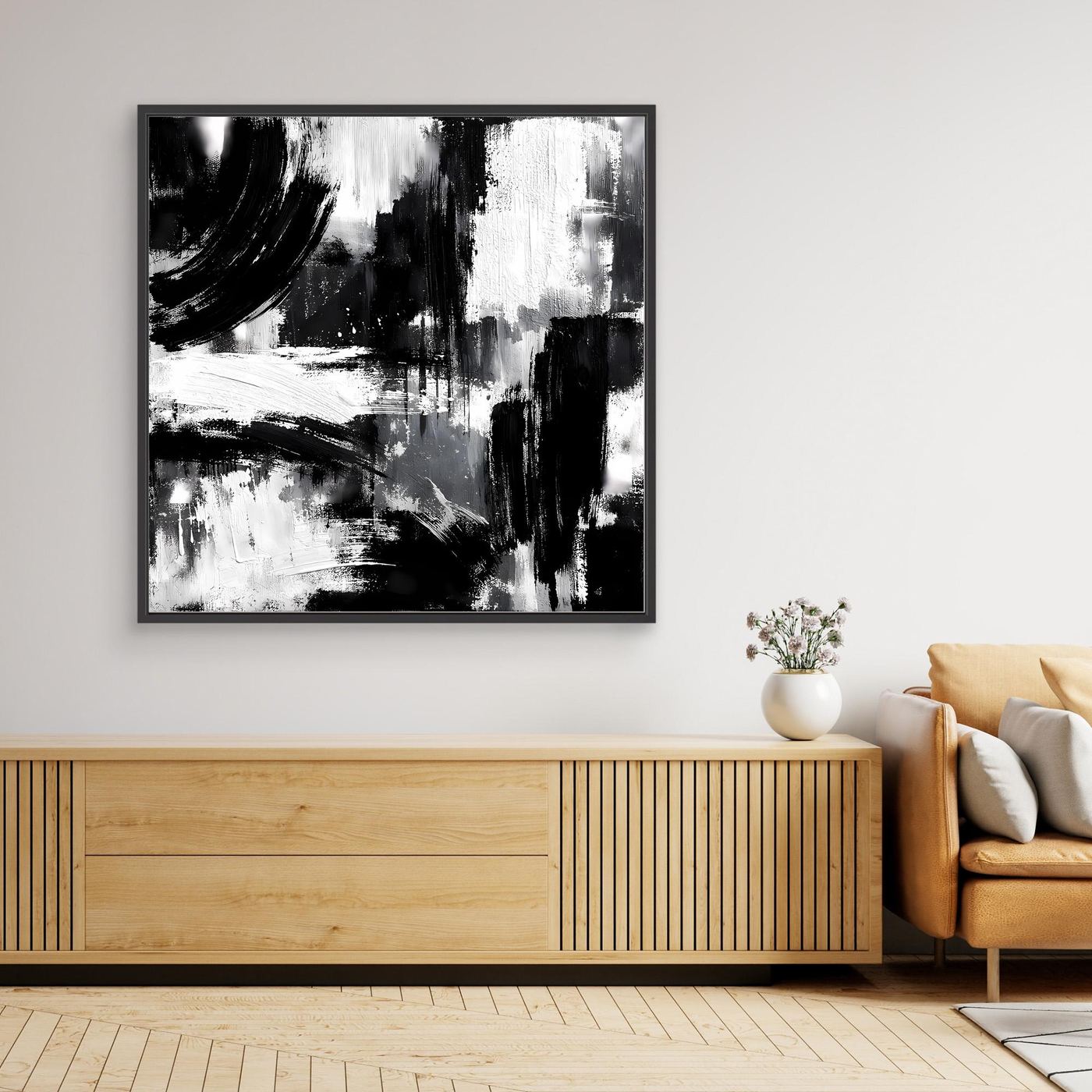 Rectangular abstract canvas wall art with black-and-white brush strokes, black frame