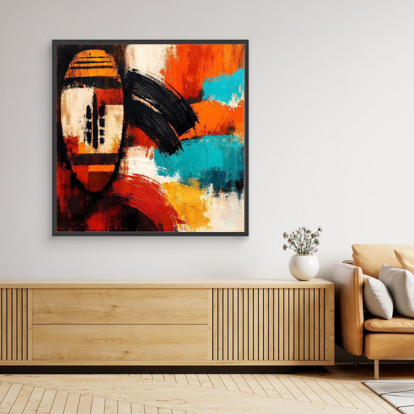 Framed abstract African mask canvas with dark frame, orange, teal, red and yellow