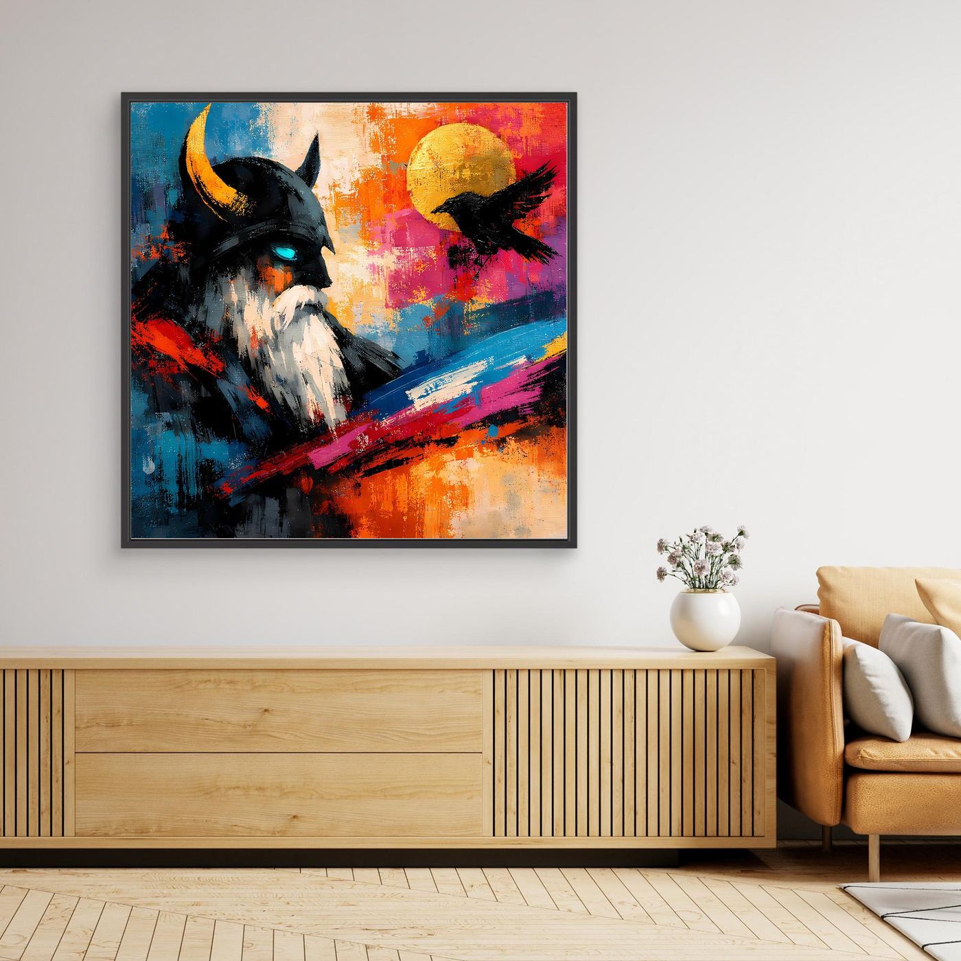 Abstraktes Leinwand-Wandbild: Odin mit Rabe, farbiger Hintergrund, schwarzer Rahmen