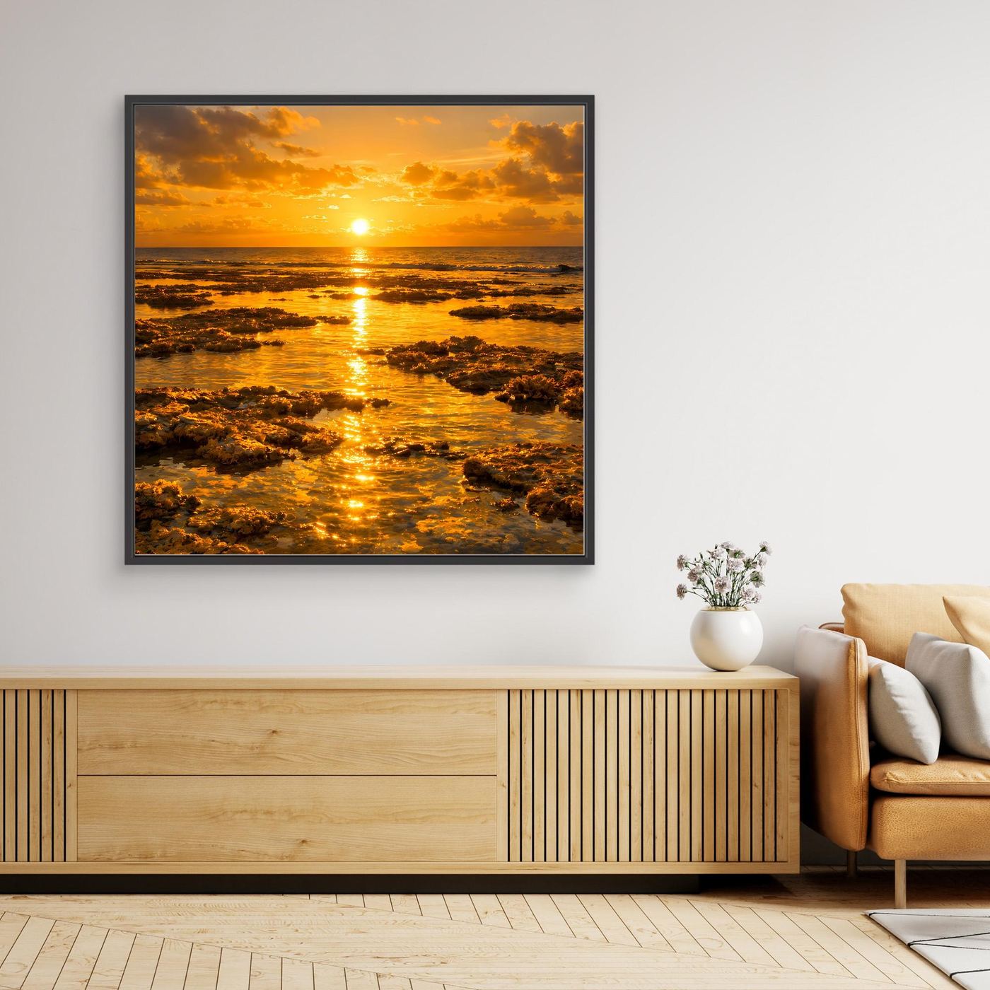 Leinwandbild Meer bei Sonnenuntergang mit schwarzem Rahmen