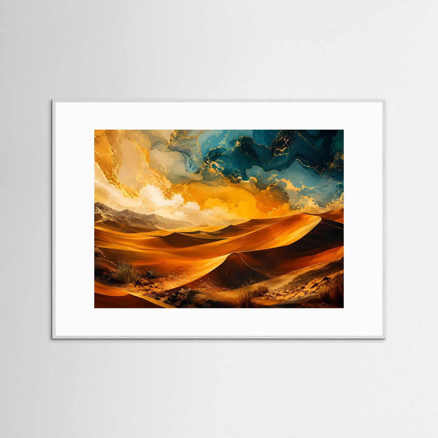 Wüstenlandschaft Poster | Abstrakte Wüste Wandbild | Gold Blau Landschaftskunst | Moderne Desert Wall Art