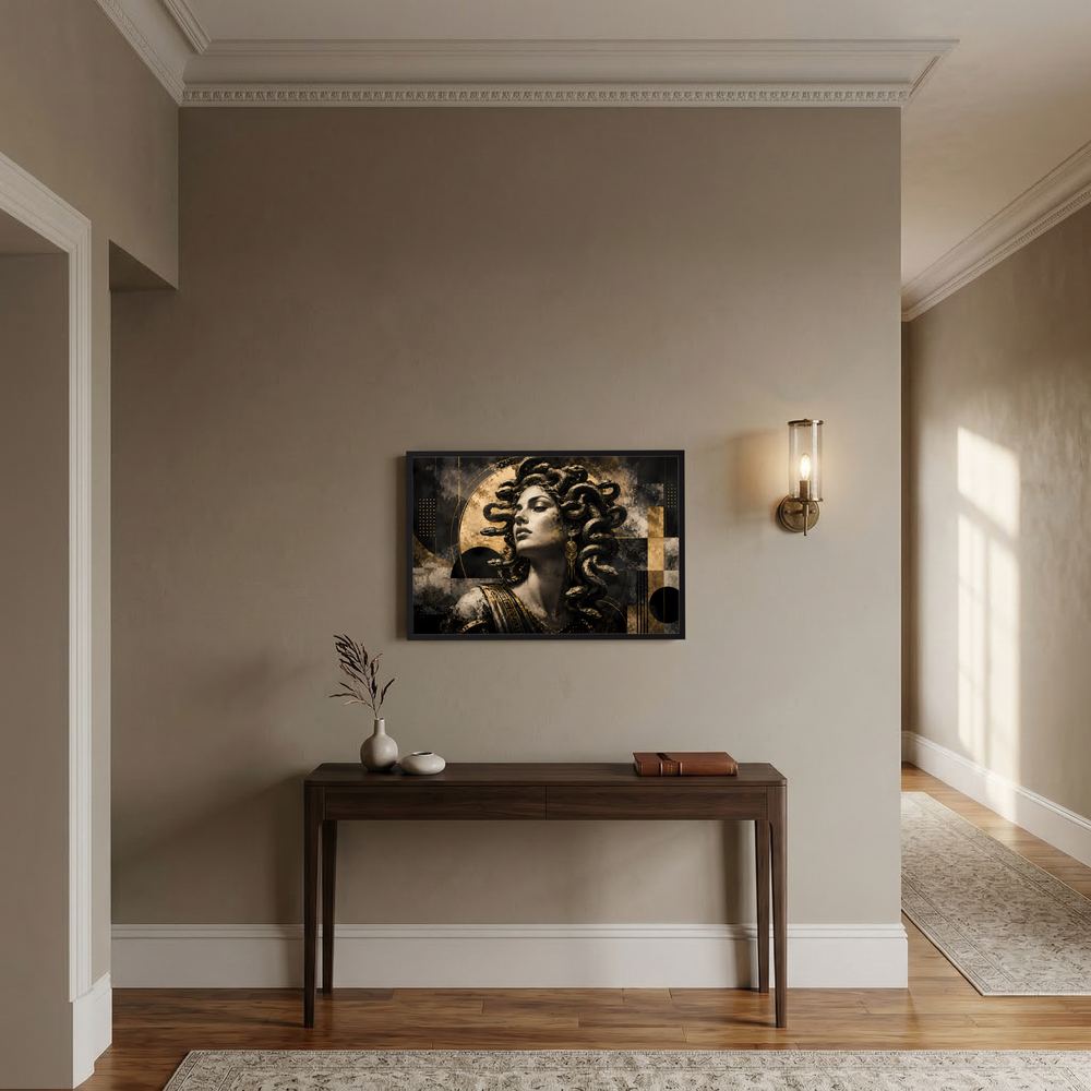 Querformat-Poster mit Medusa in Schwarz und Gold, abstraktes Schlangenhaar