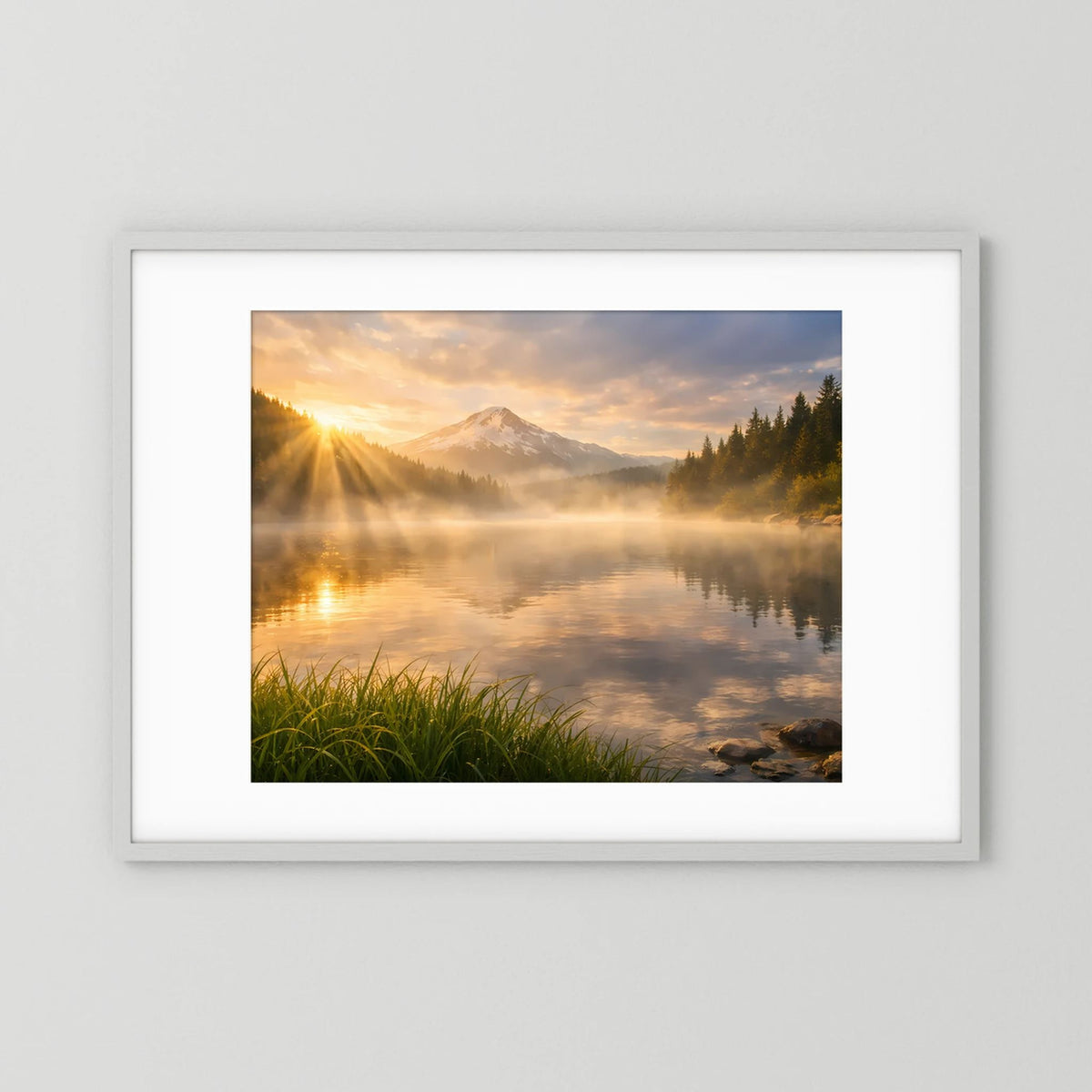 Querformat-Wandbild im weißen Rahmen: Berg, Wald und spiegelnder See bei Sonnenaufgang.