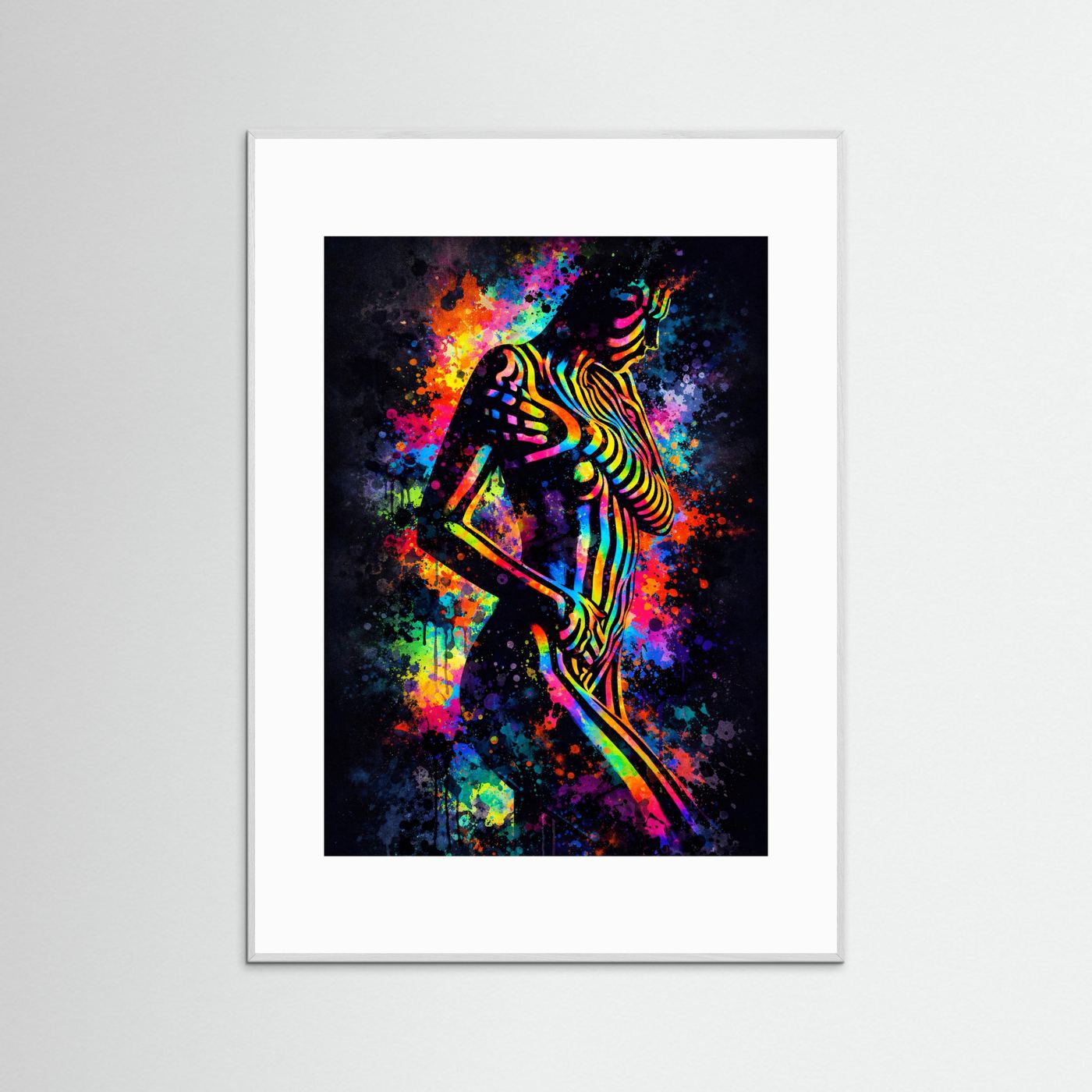 Kunstposter mit Neon-Frauen-Silhouette und Farb-Spritzgrafik im grauen Holzrahmen