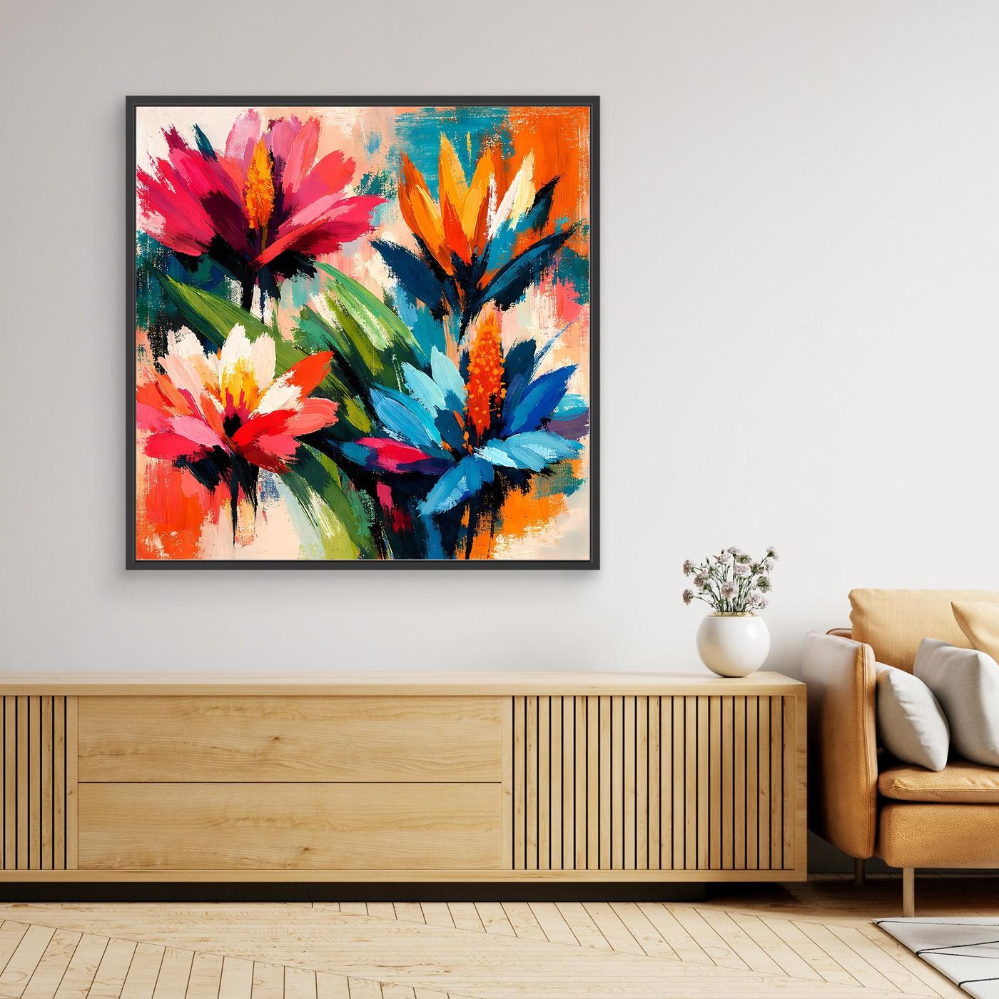 Abstract tropical flower wall art print with colorful blooms in a black frame