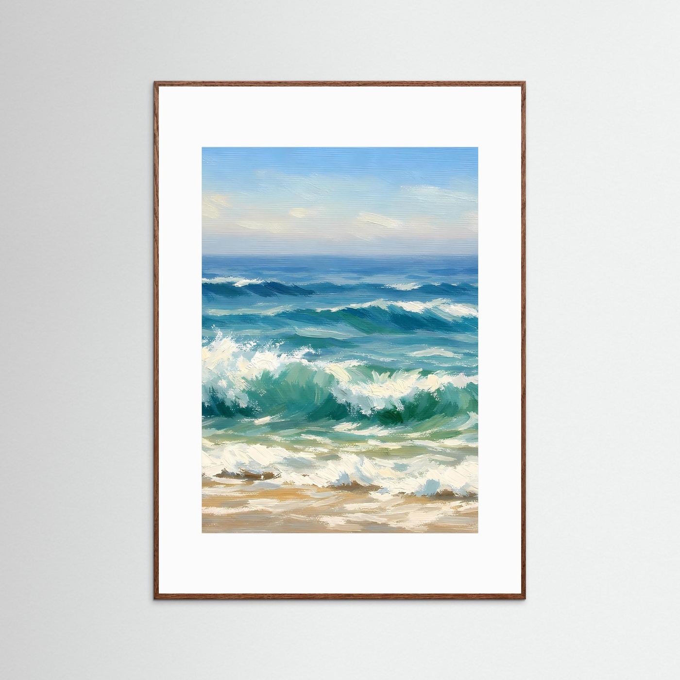 Wandbild mit Meereswellen am Strand, blau-grün, im braunen Holzrahmen