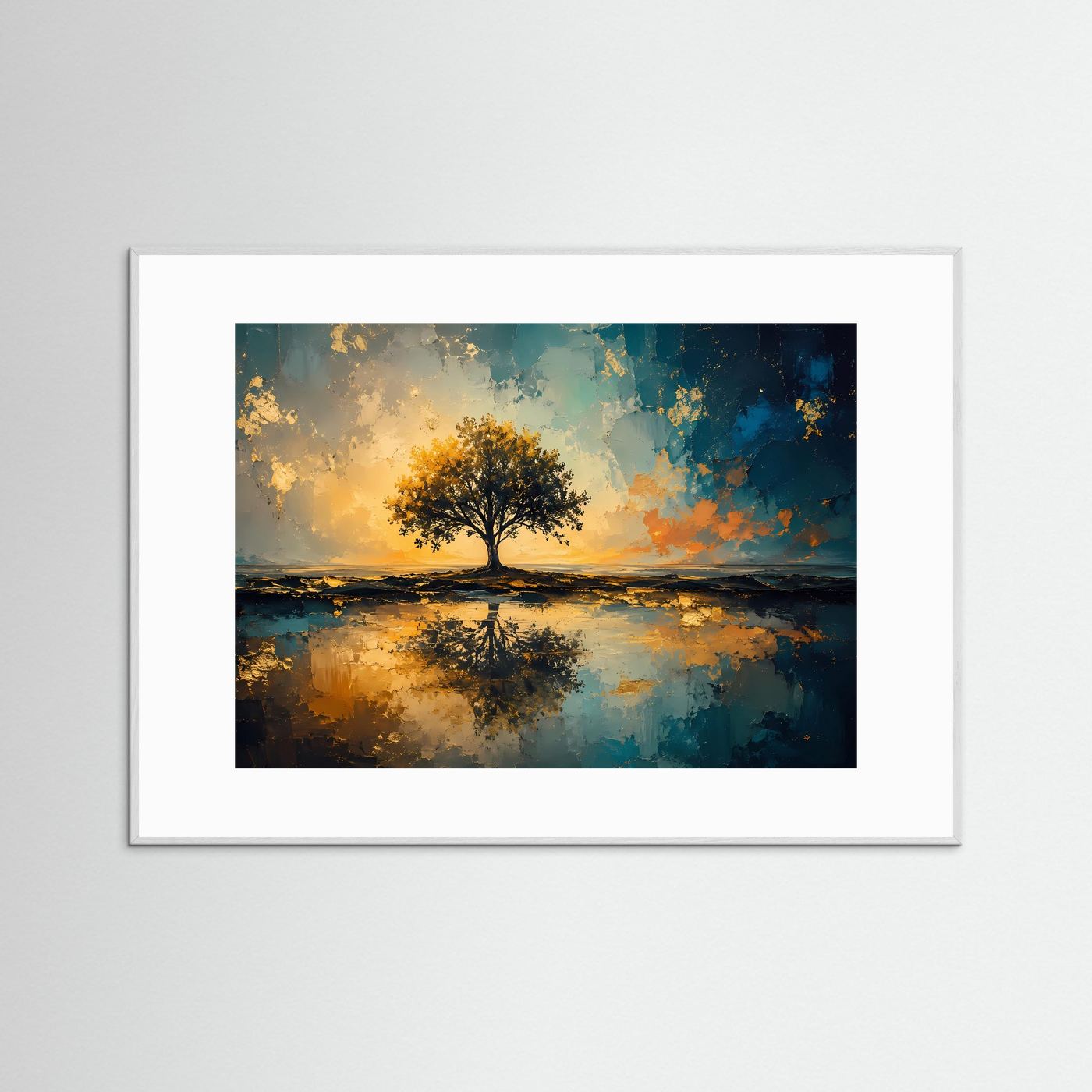 Baum des Lebens im goldenen Licht | Abstrakte Naturkunst in Petrol & Gold