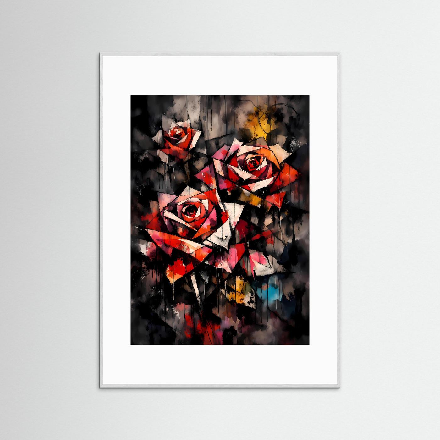 Ewige Eleganz | Abstraktes Rote Rosen Poster im geometrischen Kubismus-Stil | Modernes Blumen Kunstposter Hochformat
