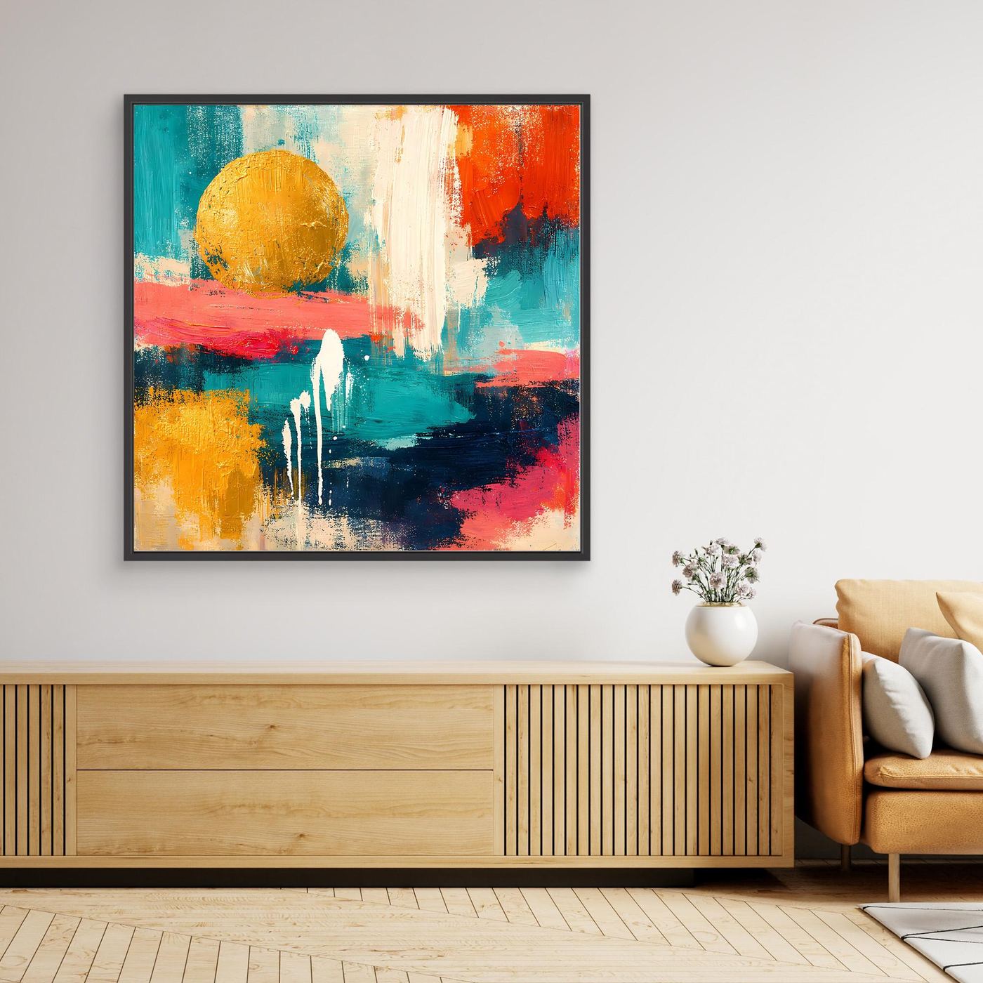 Abstraktes Leinwand-Wandbild mit goldener Sonne und Farbexplosion, schwarzer Rahmen