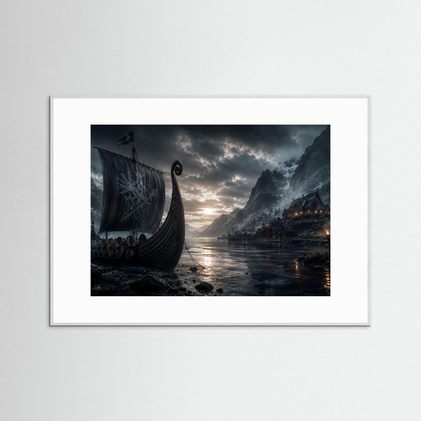 Wikinger im Fjord | Mystisches Langschiff zwischen Bergen – Nordische Wandkunst