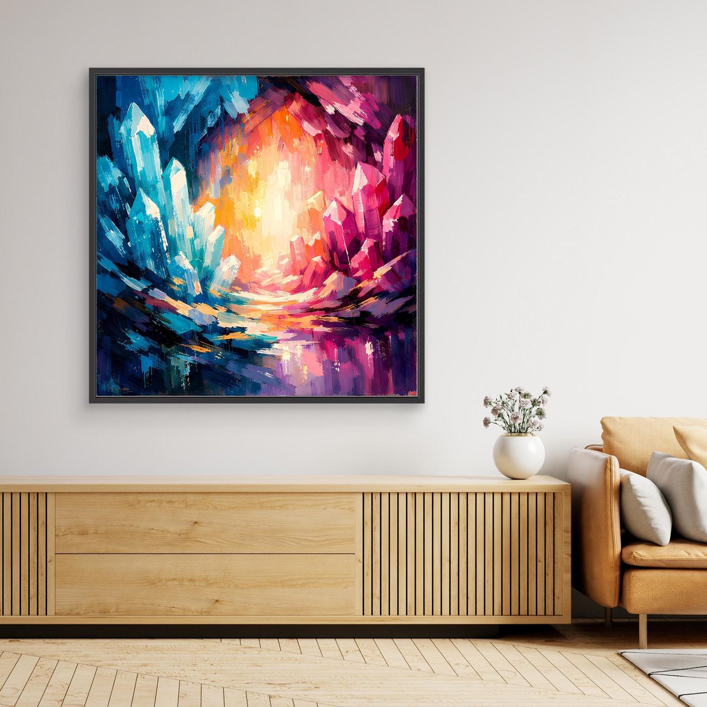Abstract crystal canvas wall art with bright multicolor mineral streaks, black frame