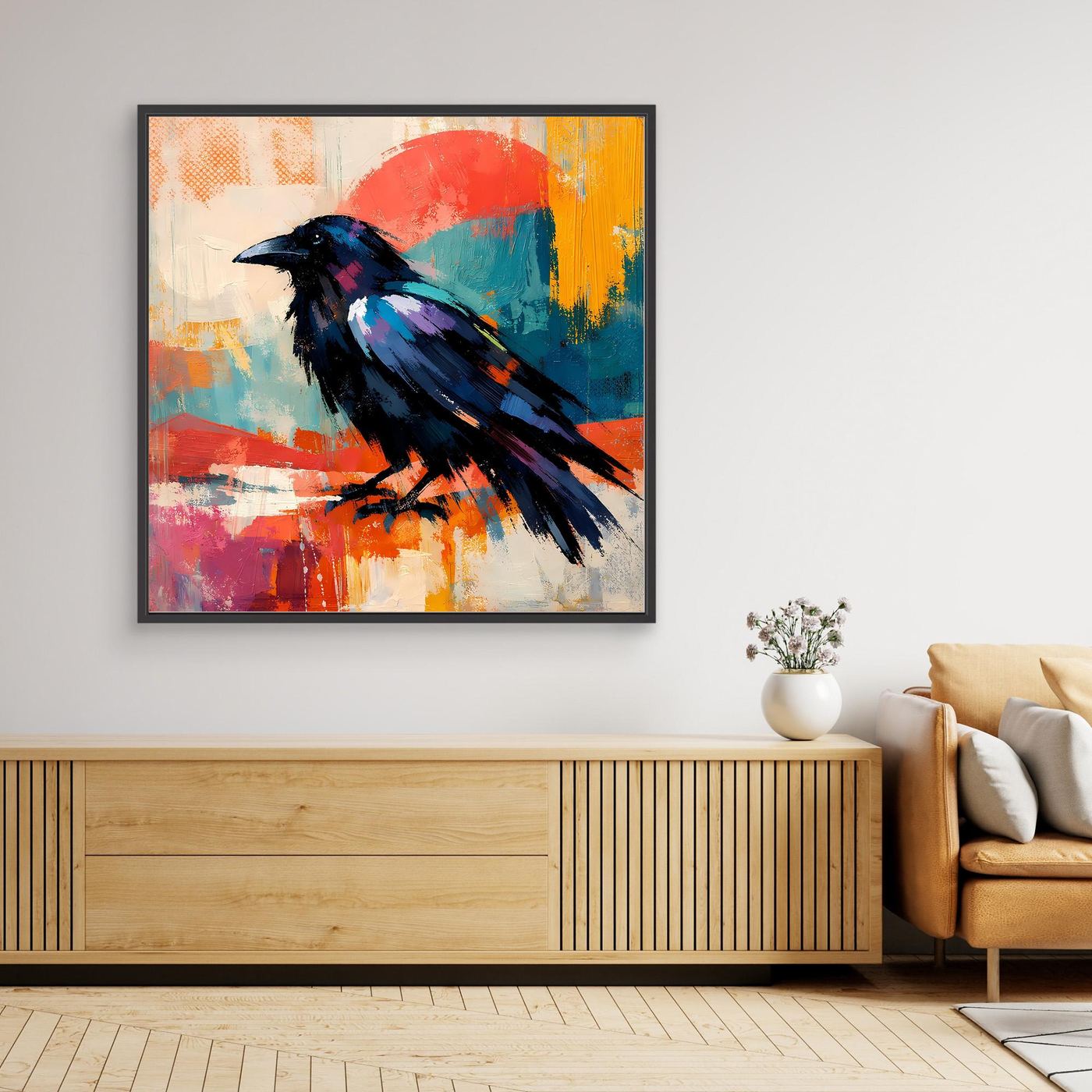 Abstract bird canvas wall art with colorful painterly background and black frame