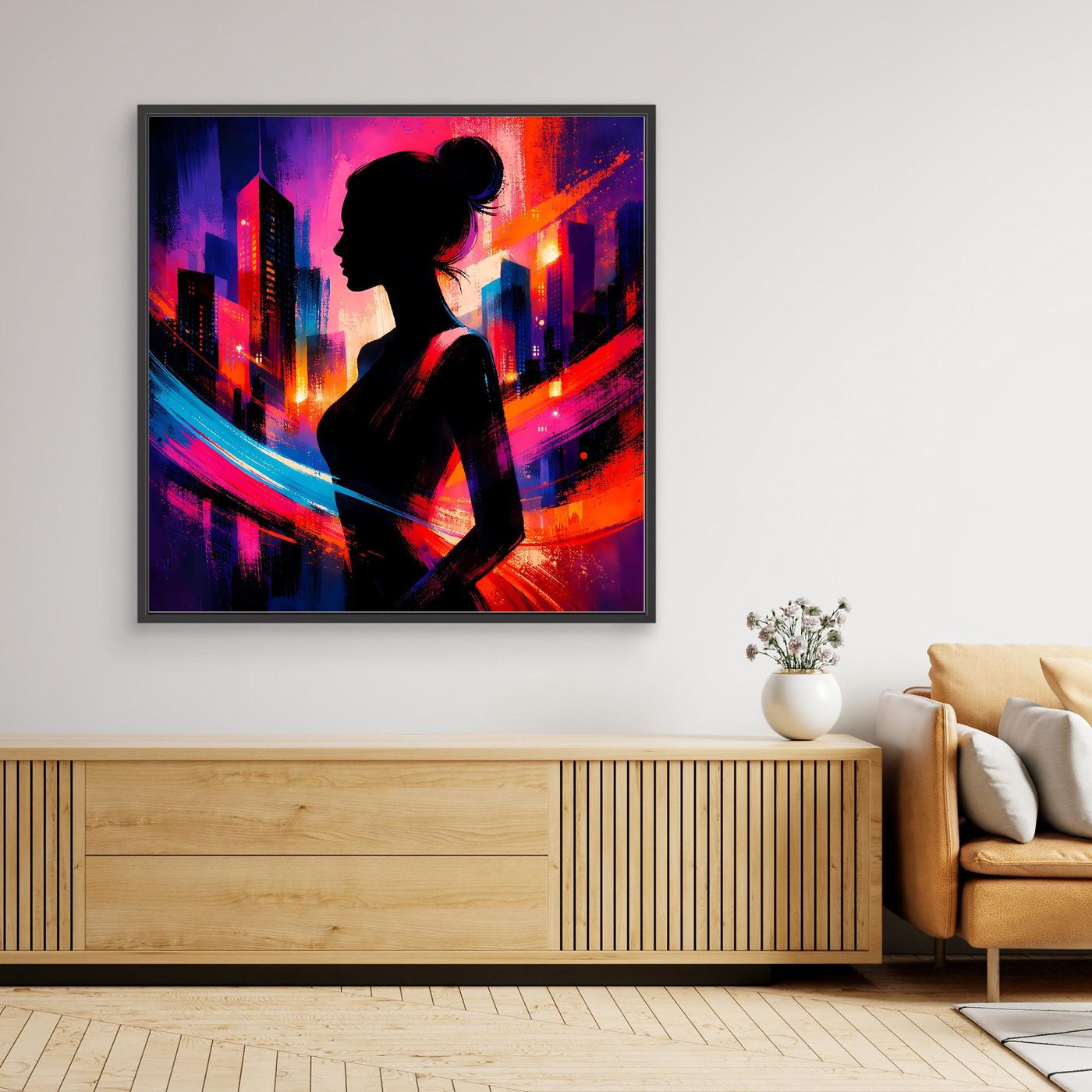 Neon-Leinwandbild mit Stadt-Skyline und Frauensilhouette, schwarzer Rahmen