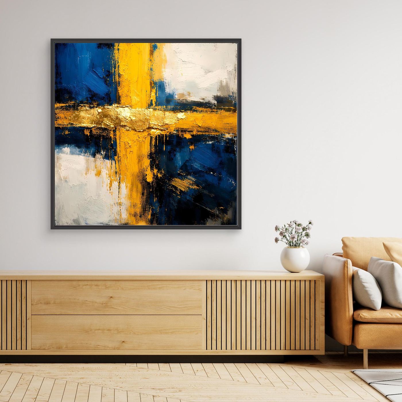 Abstraktes Leinwand-Wandbild mit gelb-blauen Strukturen und goldenen Akzenten, schwarzer Rahmen