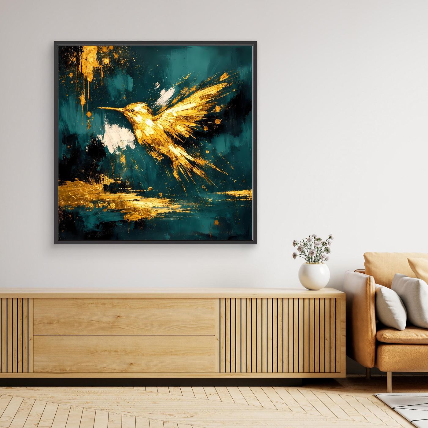 Leinwand Goldener Kolibri im Flug | Abstraktes Modernes Vogel Wandbild Kunst