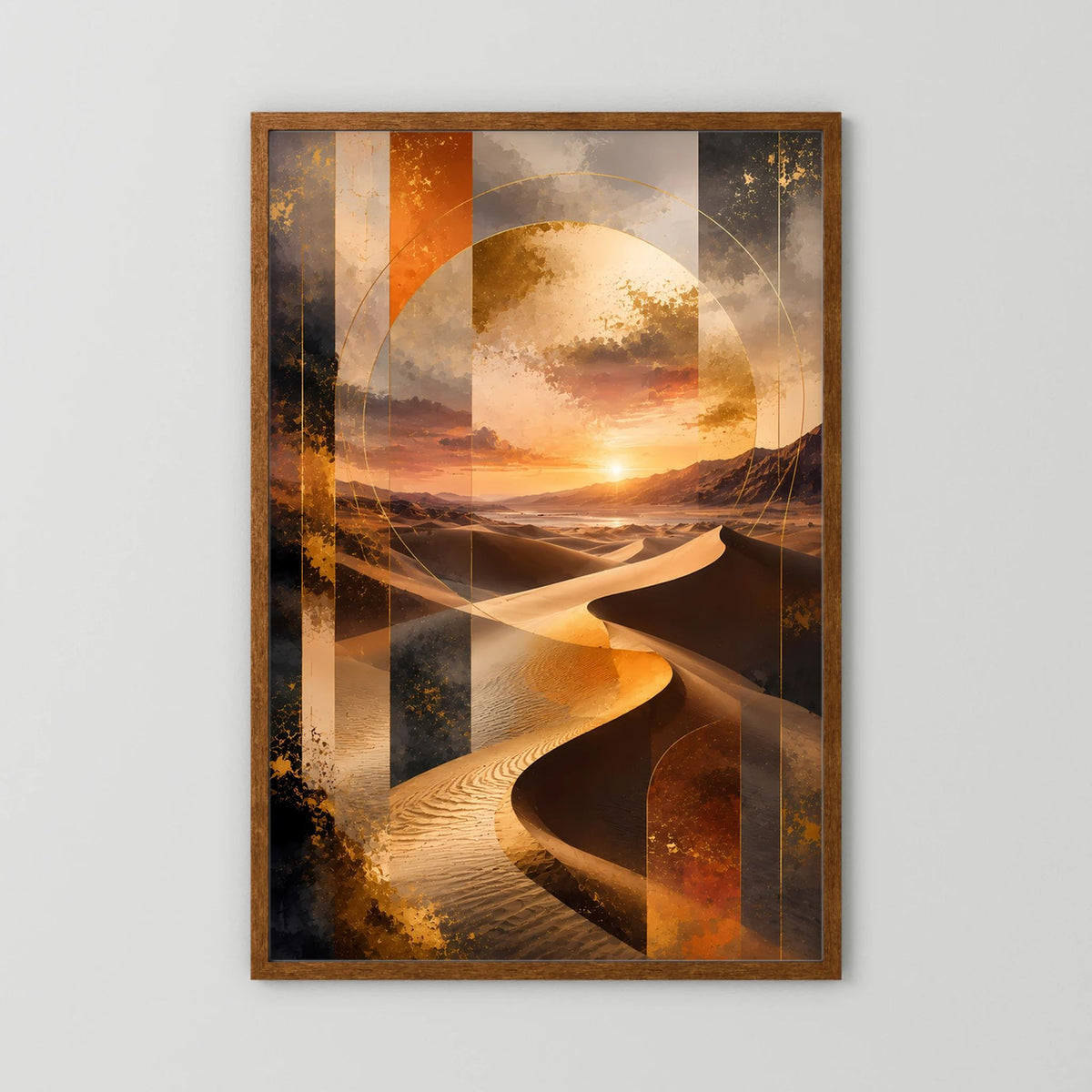 Hochformatiges Poster mit abstrakter Wüstenlandschaft in Gold und Schwarz, Holzrahmen