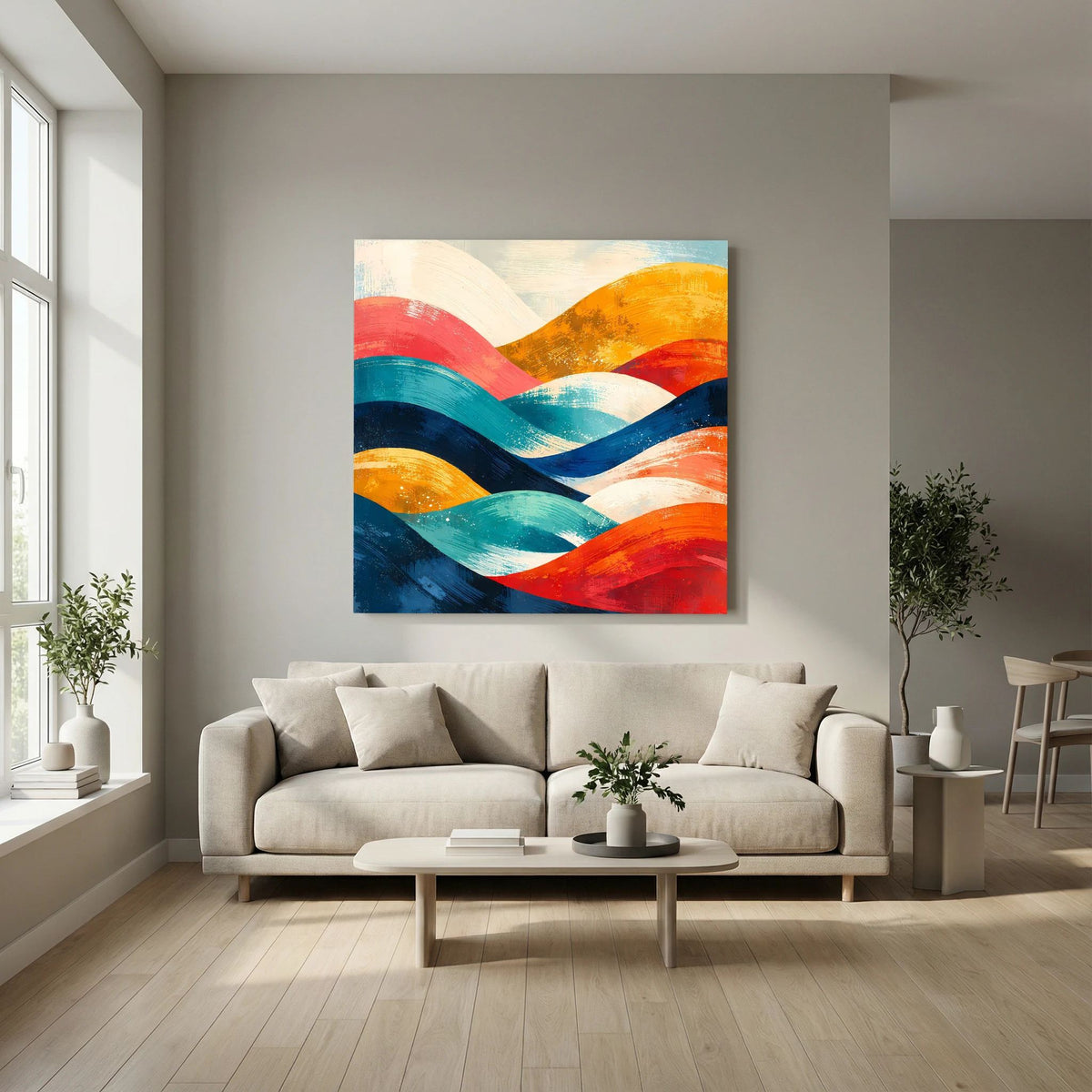 Abstraktes Wellenbild auf Holz-Keilrahmen, türkisfarbene und orangefarbene Wellen mit blauen Akzenten.