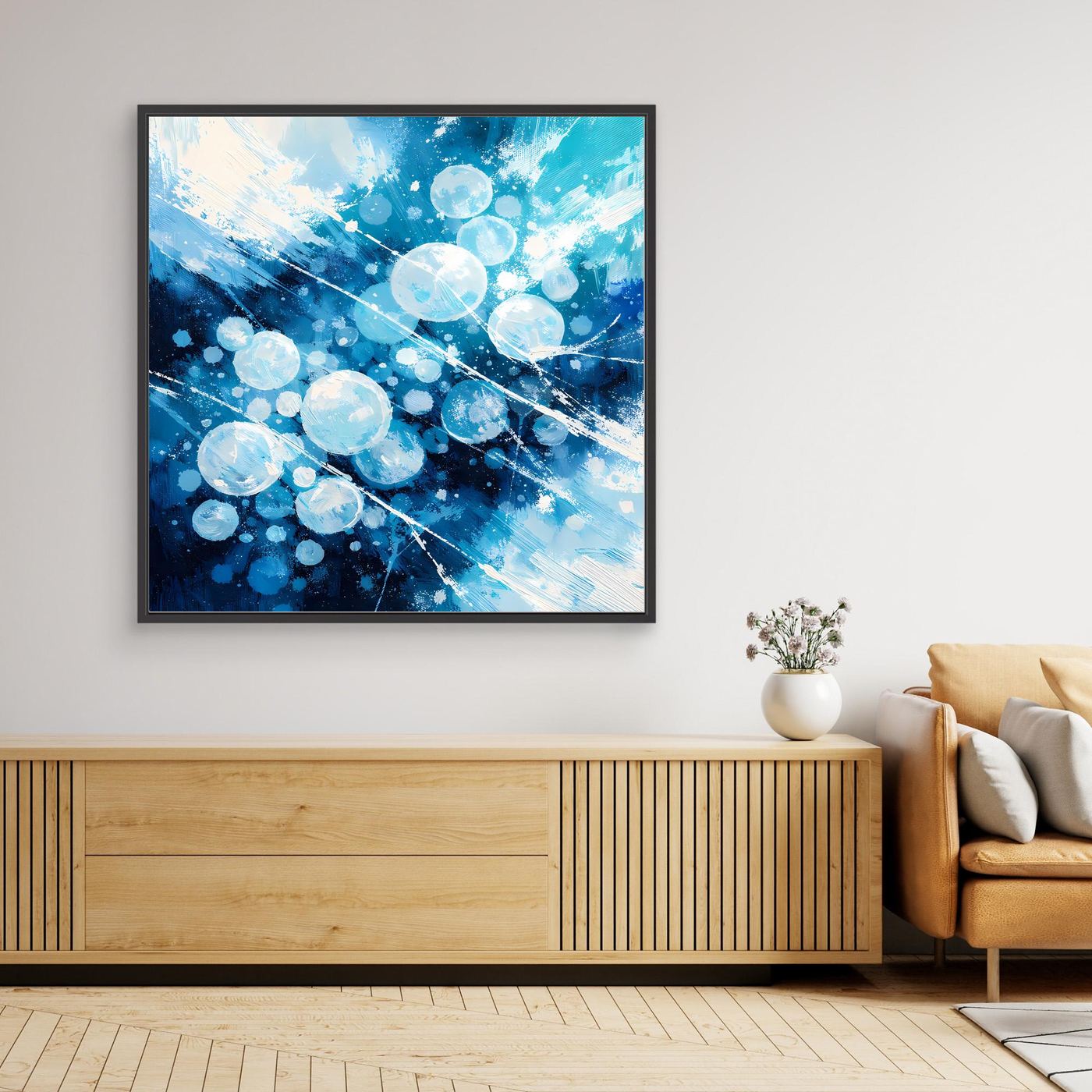 Leinwand Eingefrorene Luftblasen im Eis | Abstraktes Natur Winter Wandbild