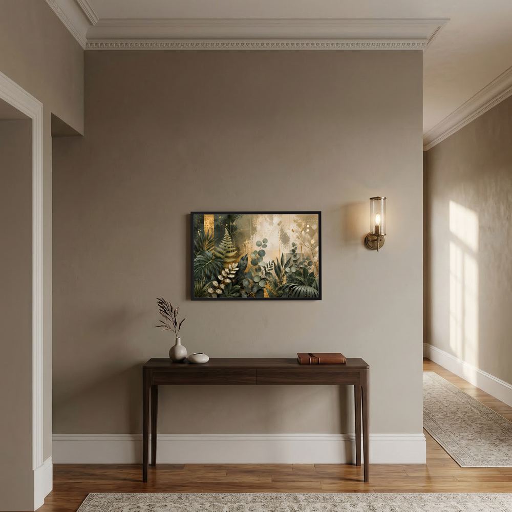 Querformat-Poster mit botanischen Blättern in Grün und Gold, im schmalen schwarzen Rahmen